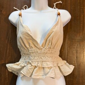 NWT Sim & Sam Beige Linen Ruffled & Wood Beaded Women's Halter/Tank Top - XL
